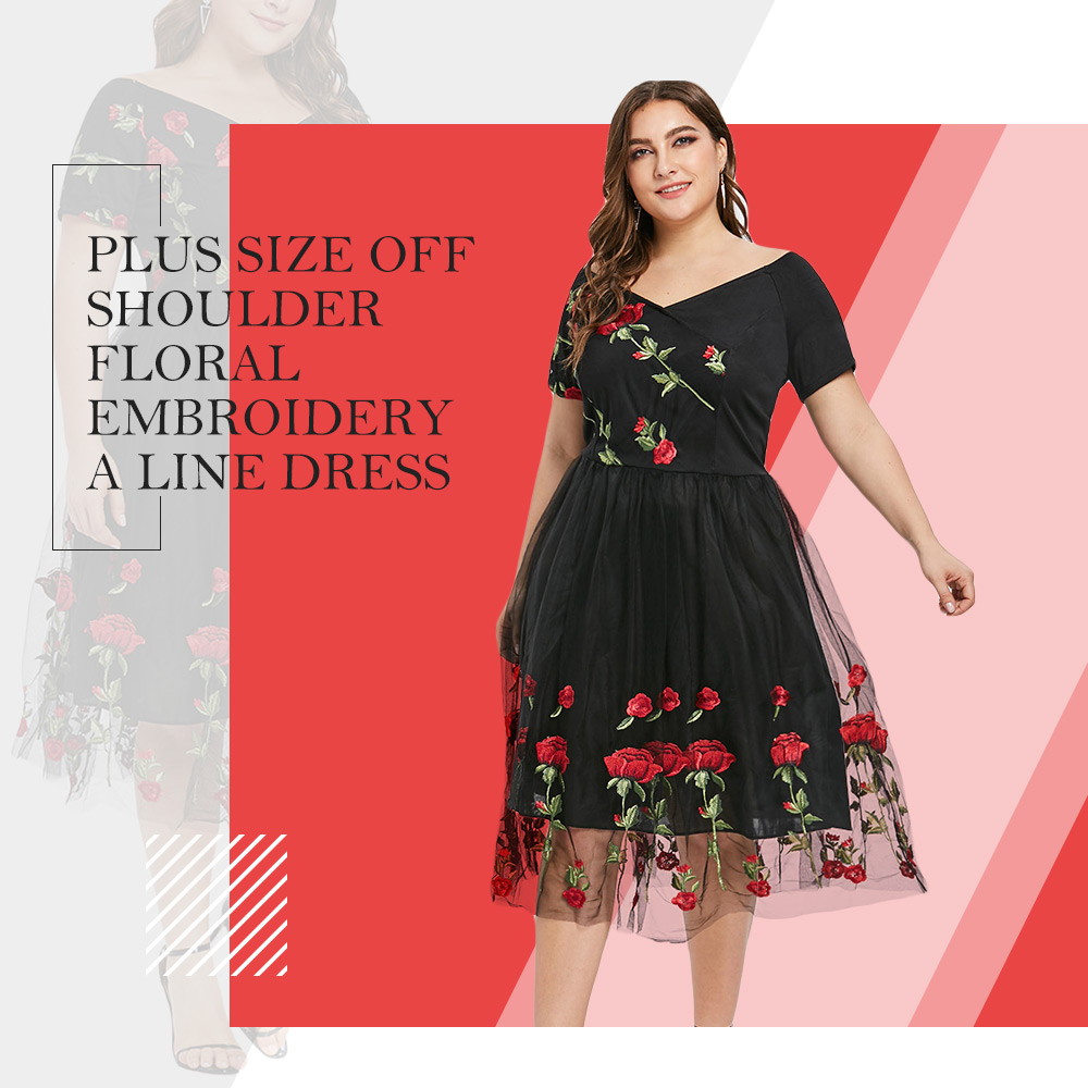 Plus Size Off The Shoulder Floral Embroidery A Line Dress