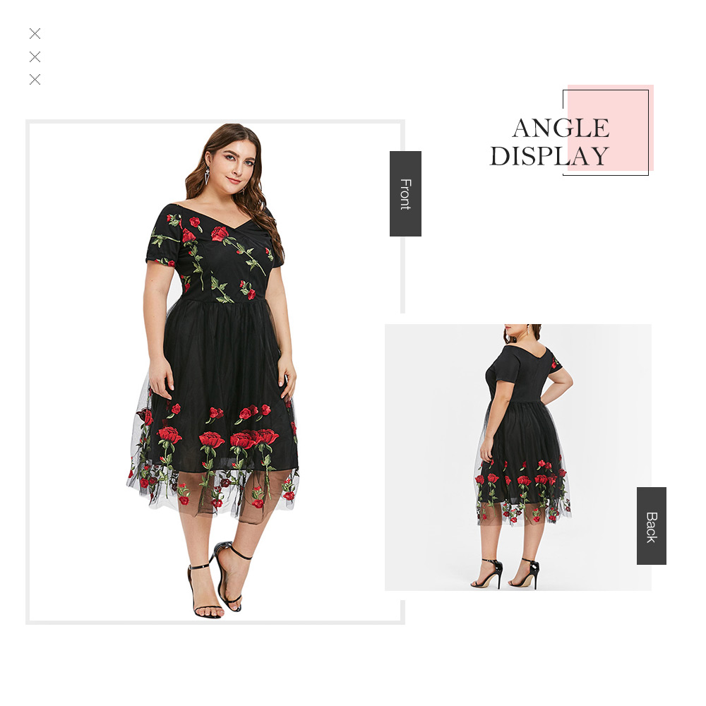 Plus Size Off The Shoulder Floral Embroidery A Line Dress