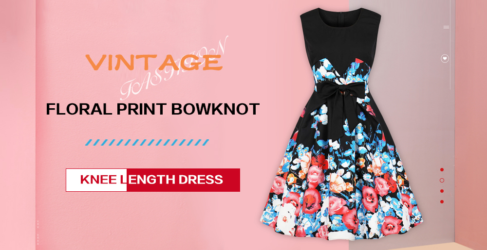 Vintage Floral Print Bowknot Knee Length Dress