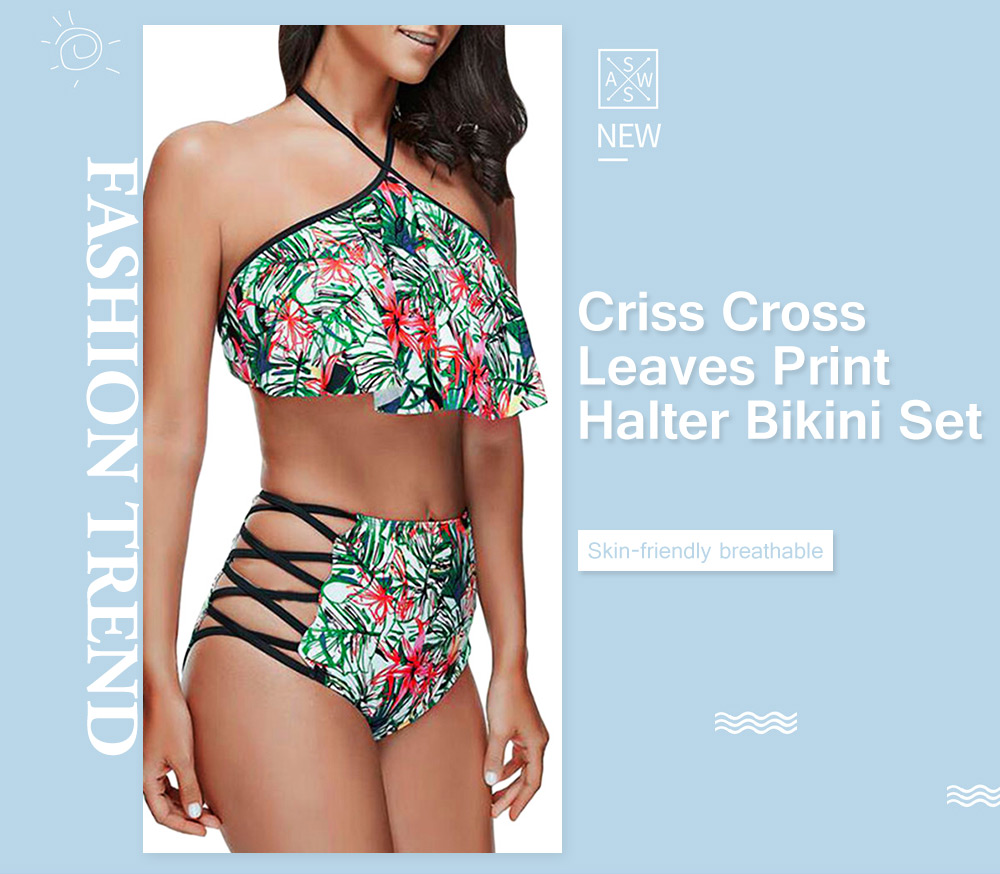 Criss Cross Leaves Print Halter Bikini Set
