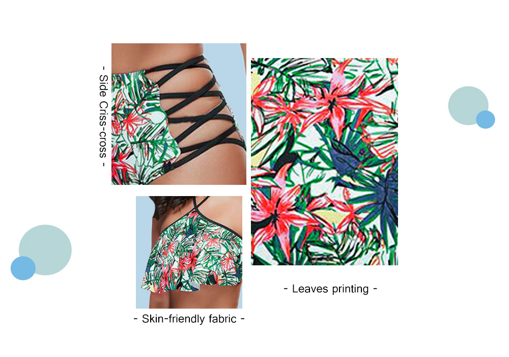 Criss Cross Leaves Print Halter Bikini Set