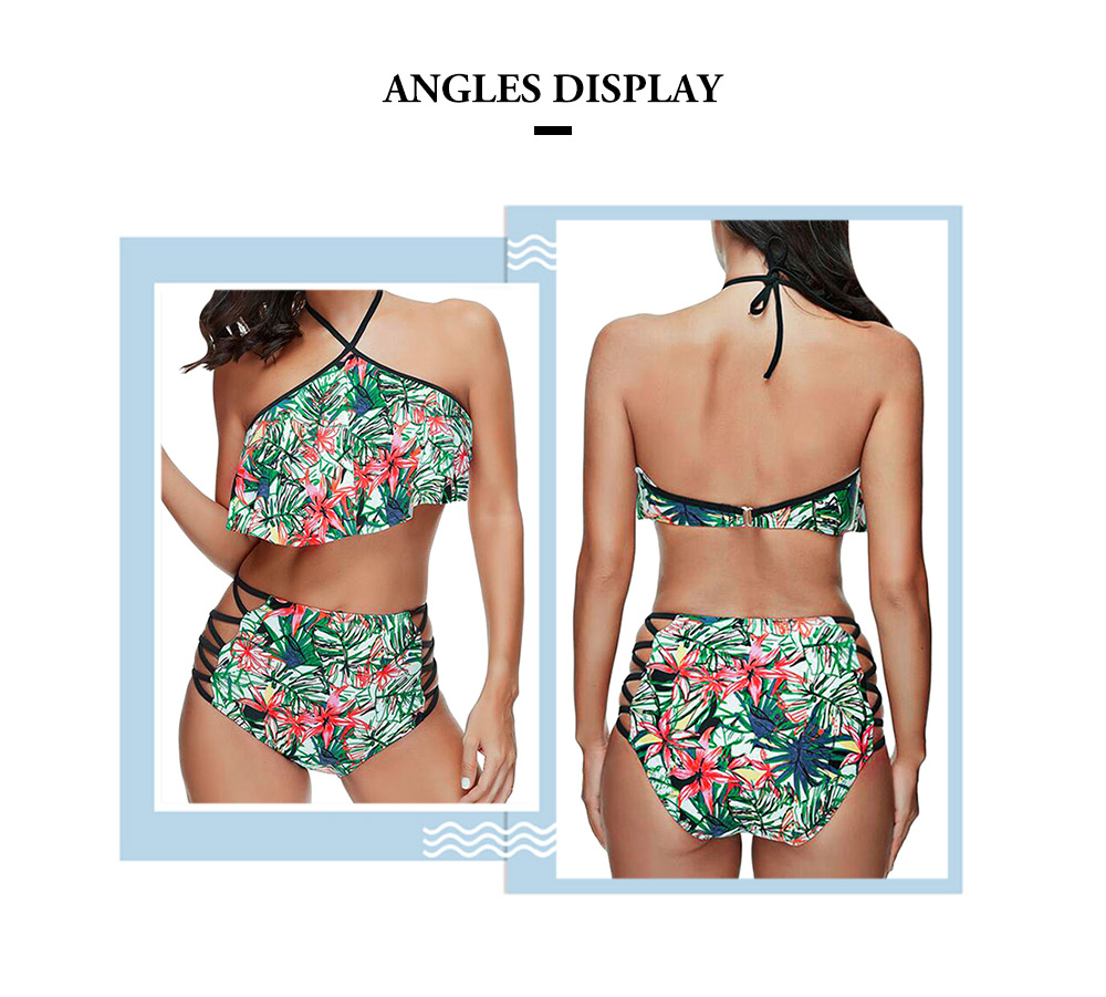 Criss Cross Leaves Print Halter Bikini Set