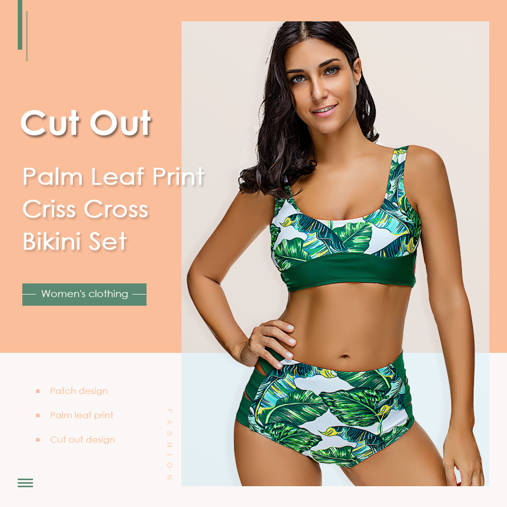 Ladder Cut Out Palm Leaf Print Bikini Set