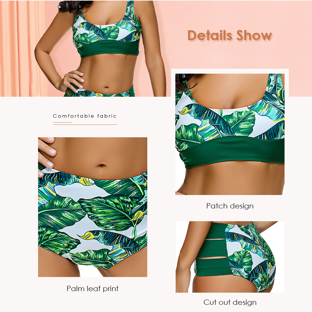 Ladder Cut Out Palm Leaf Print Bikini Set