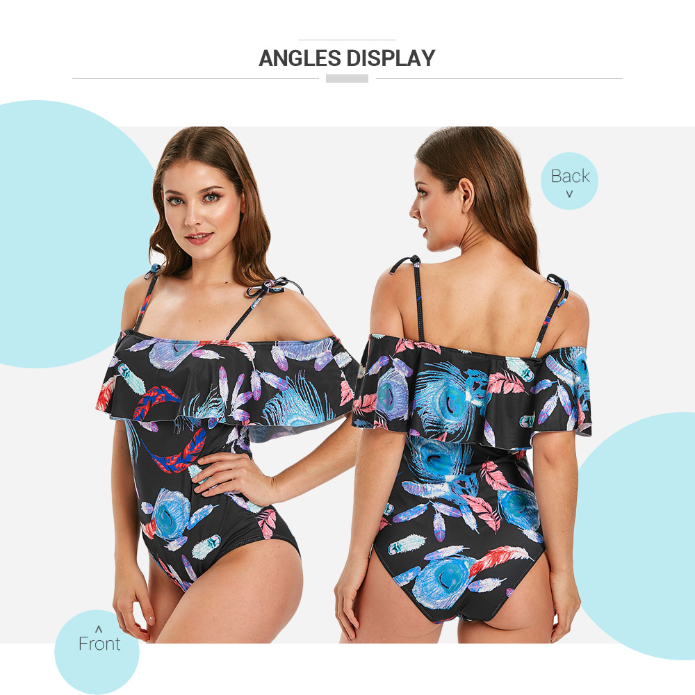 Cold Shoulder Ruffled Feather Print One-piece Swimwear