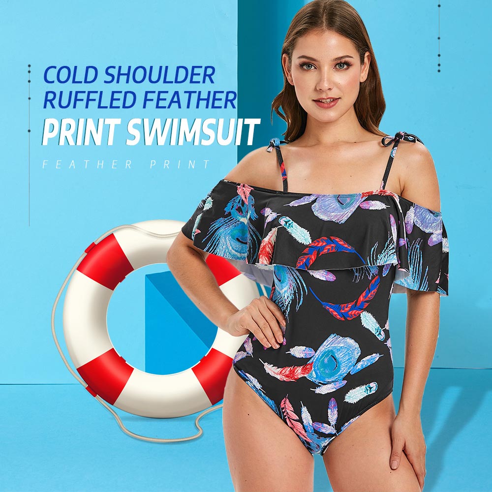 Cold Shoulder Ruffled Feather Print One-piece Swimwear