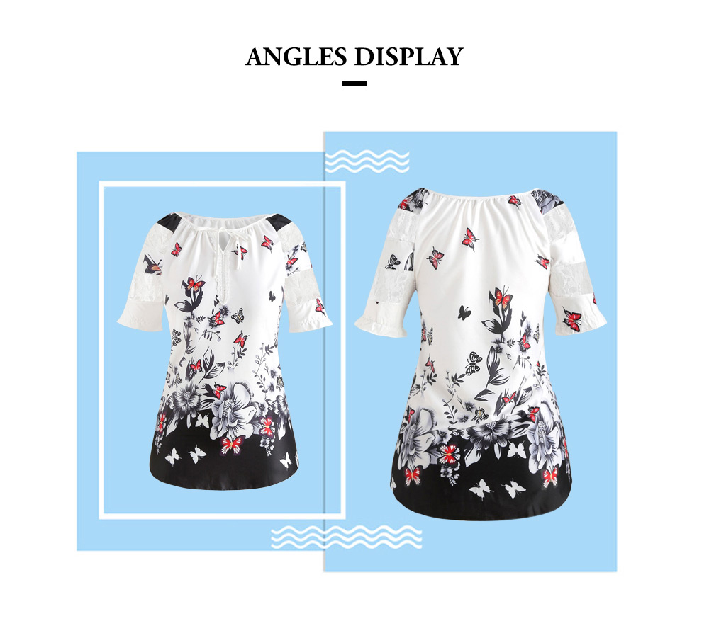 Butterfly Print Plus Size Lace Panel Blouse