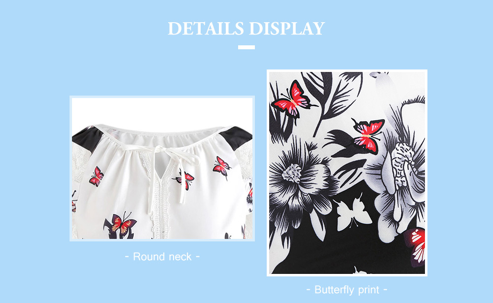 Butterfly Print Plus Size Lace Panel Blouse