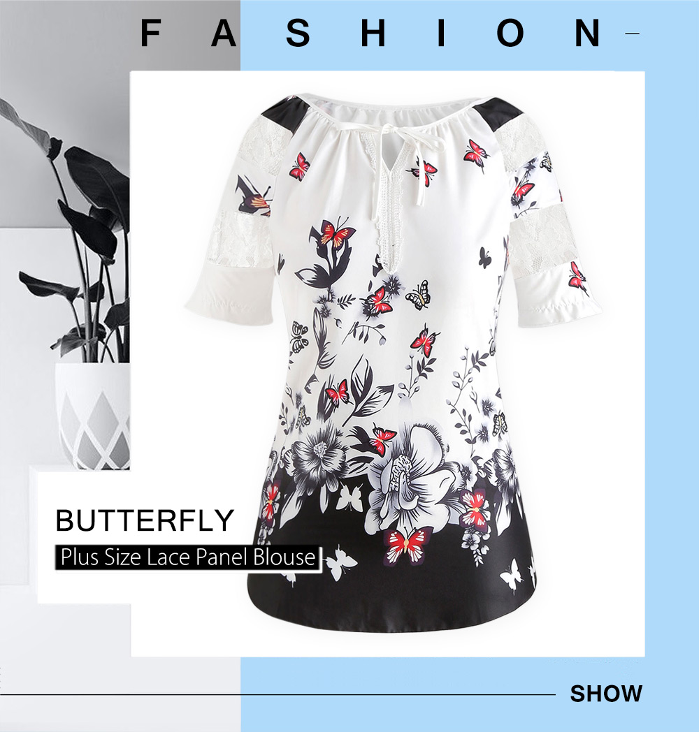 Butterfly Print Plus Size Lace Panel Blouse