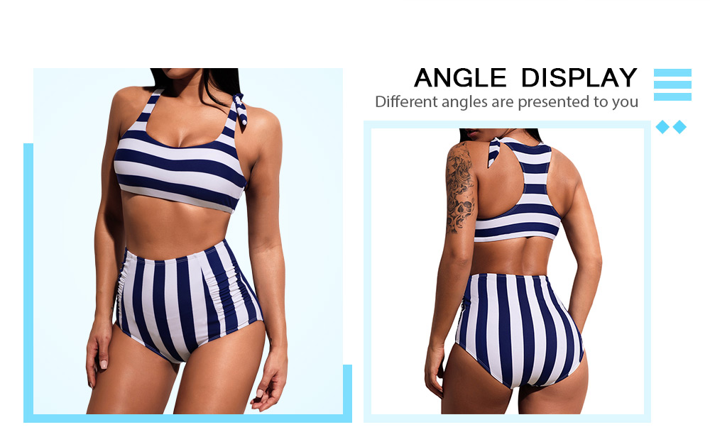 Striped High Waist Ruched Bikini Set