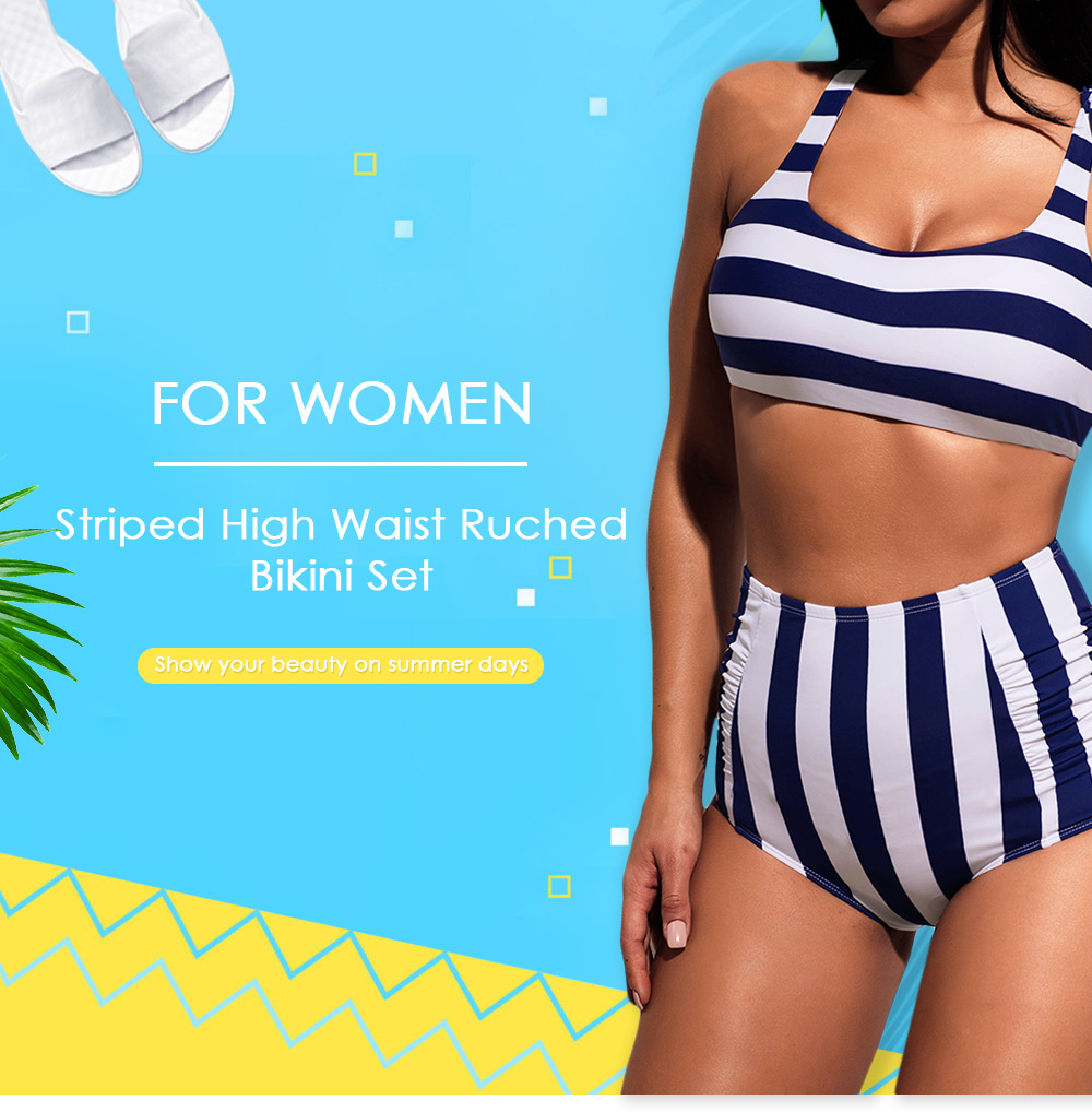 Striped High Waist Ruched Bikini Set