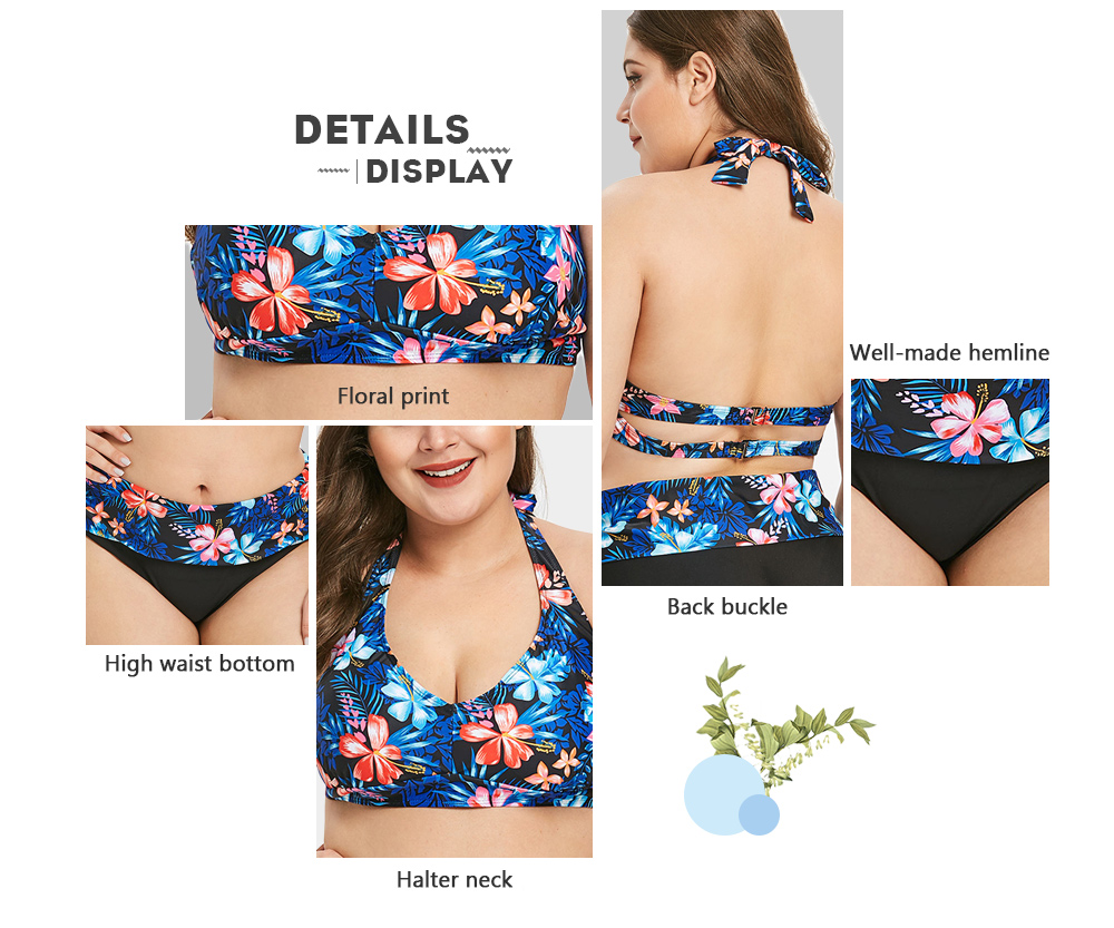 Plus Size Halter Neck Floral Print Padded Swimwear