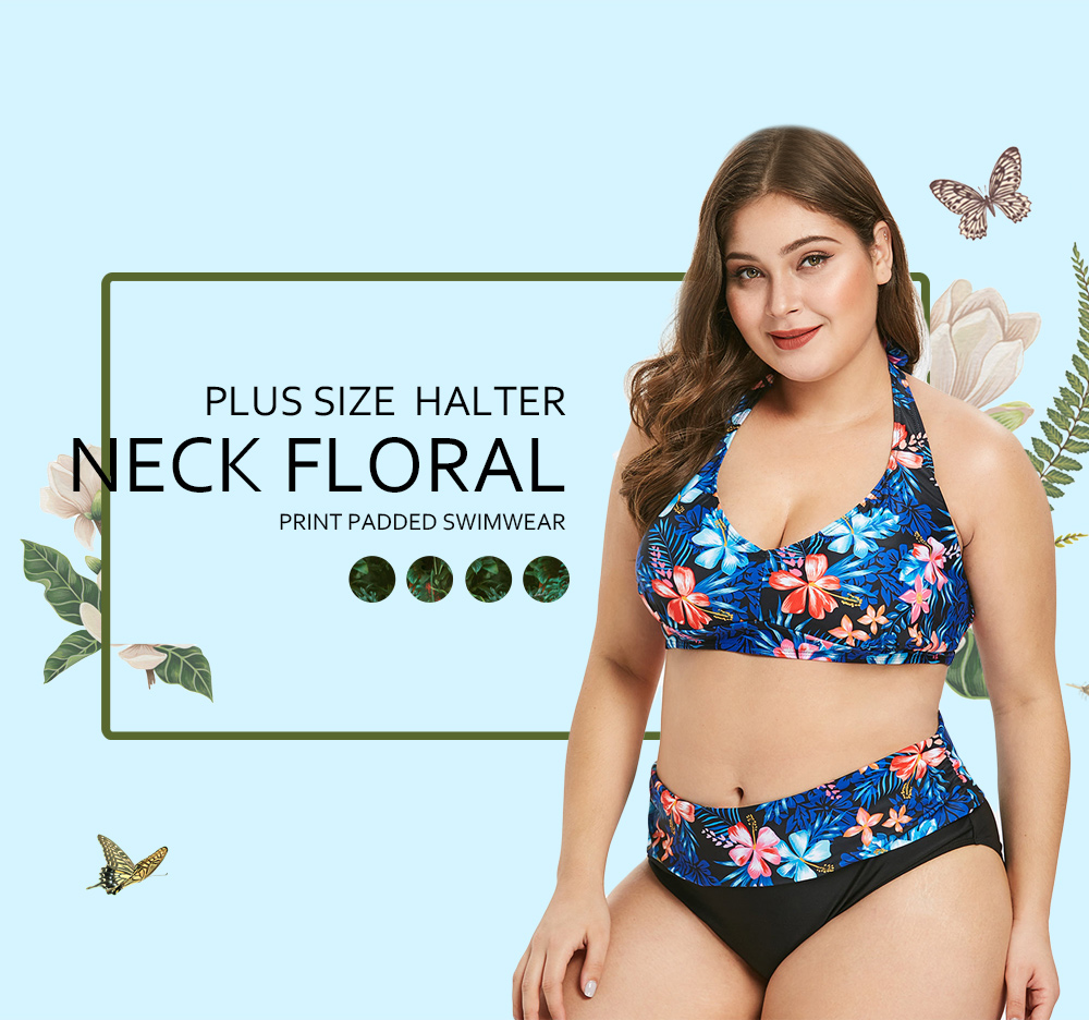 Plus Size Halter Neck Floral Print Padded Swimwear