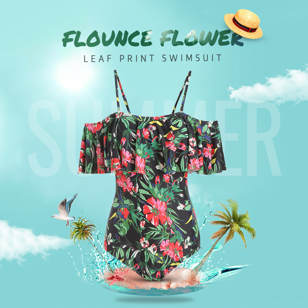 Flounce Flower Leaf Print Swimsuit