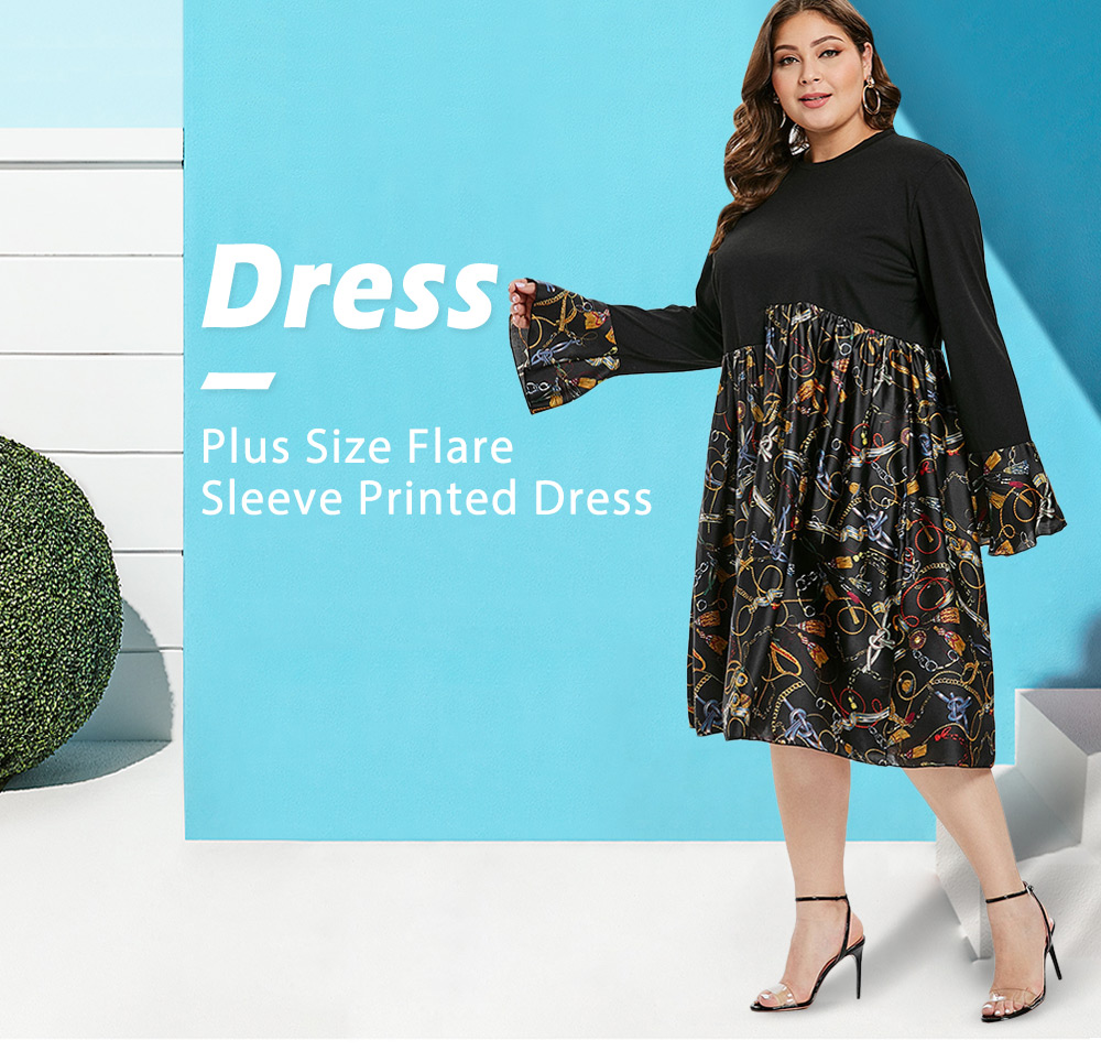 Printed Flare Sleeve Plus Size Dress