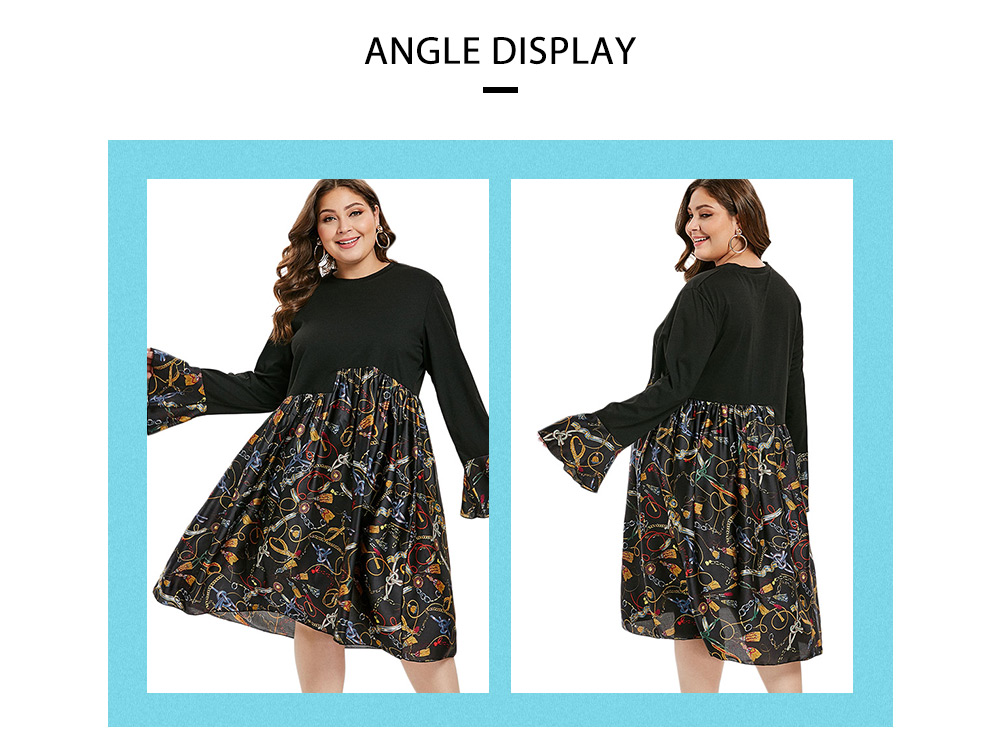 Printed Flare Sleeve Plus Size Dress