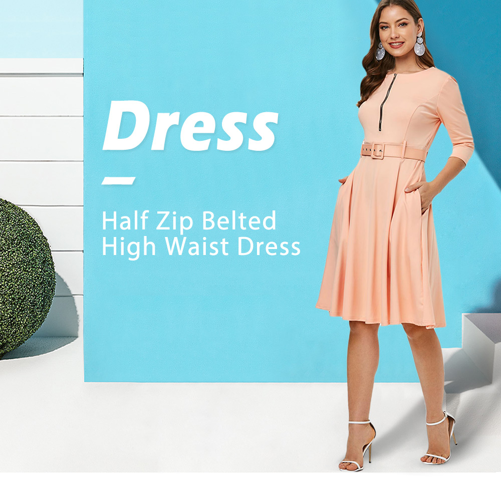 Half Zip Belted High Waist Dress