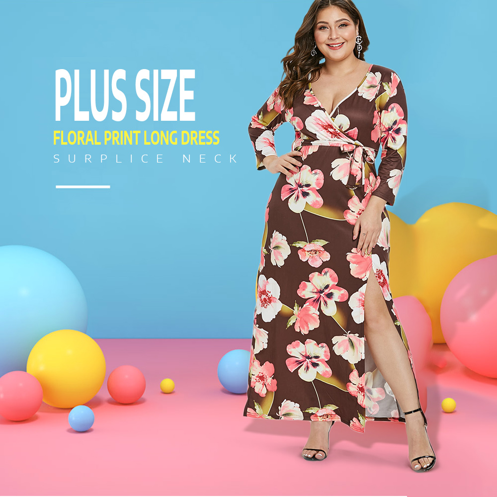 Plus Size Surplice Neck Floral Print Longline Dress