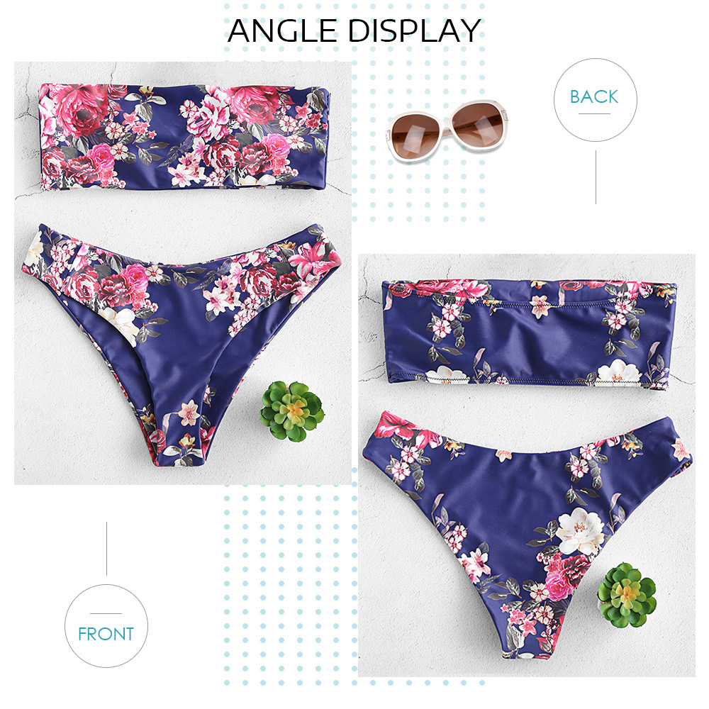 Strapless Backless Padded Floral Print Two-piece Swimsuit Women Bikini Set