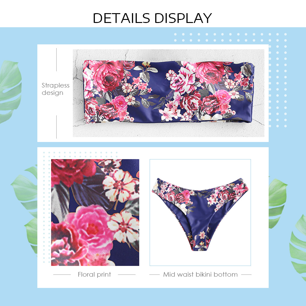 Strapless Backless Padded Floral Print Two-piece Swimsuit Women Bikini Set