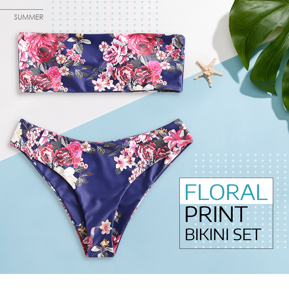 Strapless Backless Padded Floral Print Two-piece Swimsuit Women Bikini Set