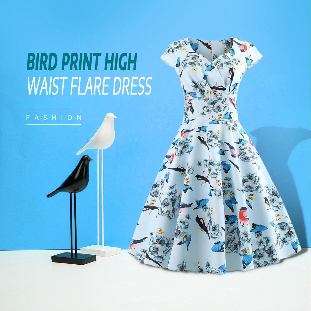 Bird Print High Waist Flare Dress