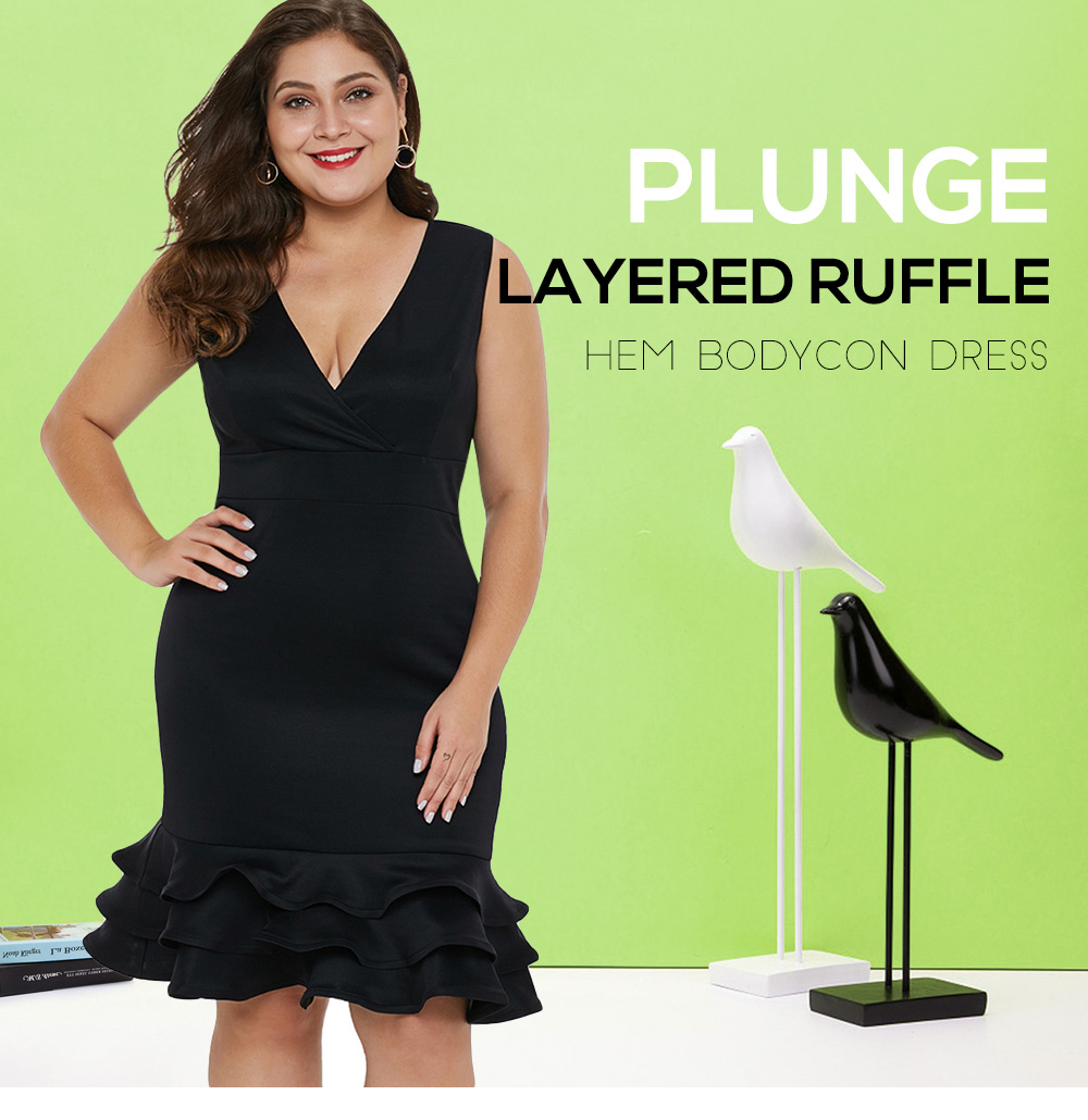 Plus Size Plunge Layered Ruffle Hem Bodycon Dress