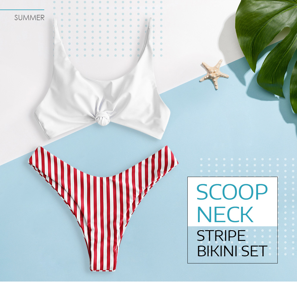 Scoop Neck Backless Vertical Stripe Low Waist Two-piece Swimsuit Women Bikini Set