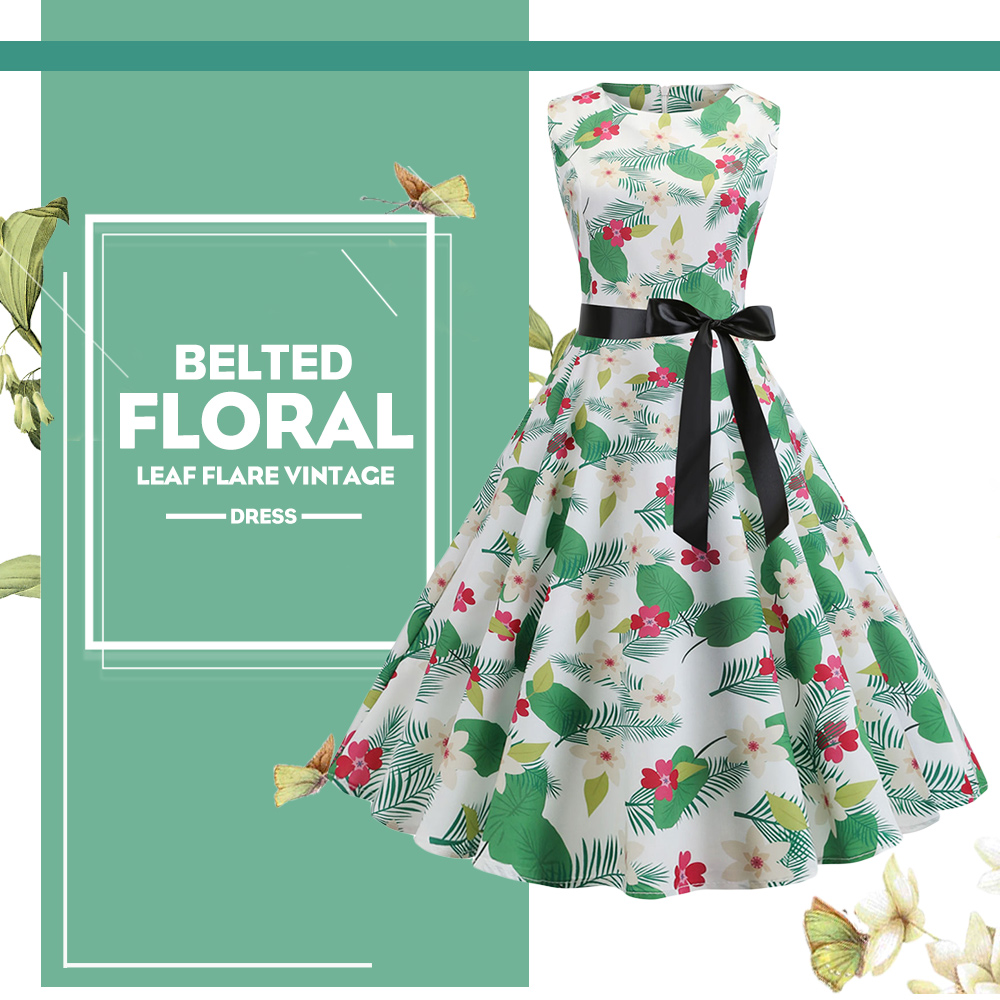 Floral Leaf Print A Line Vintage Dress