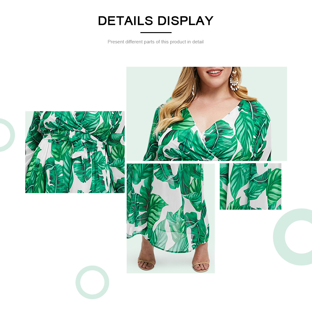 Wrap Leaves Print Long Sleeve Plus Size Dress