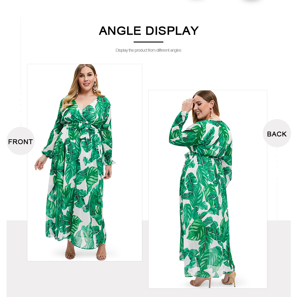 Wrap Leaves Print Long Sleeve Plus Size Dress