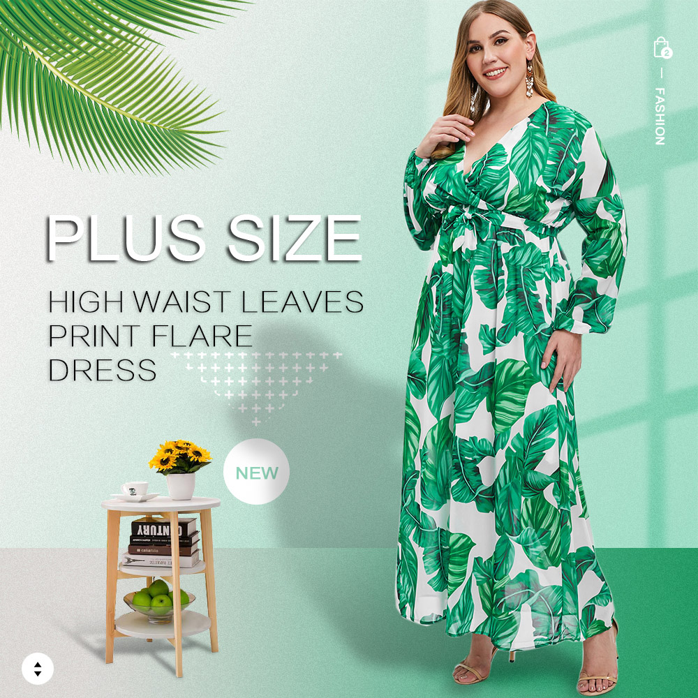 Wrap Leaves Print Long Sleeve Plus Size Dress