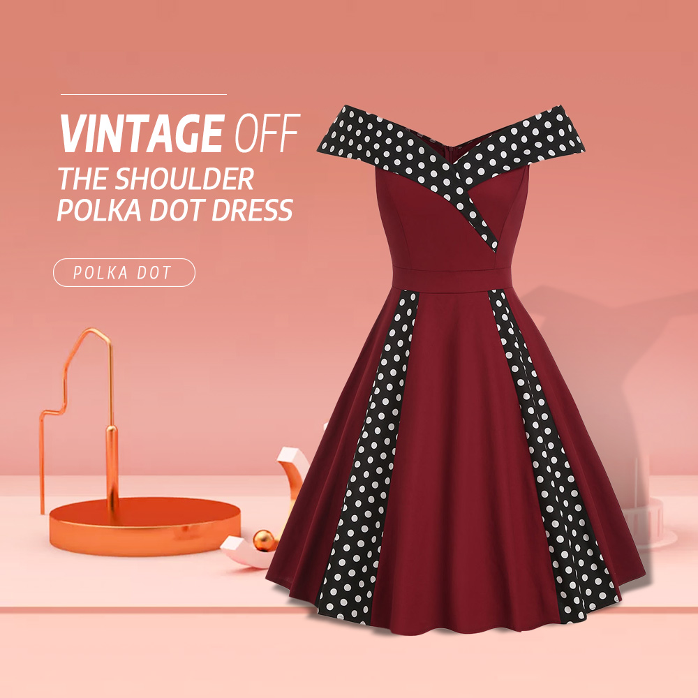 Vintage Off The Shoulder Polka Dot Pin Up Dress
