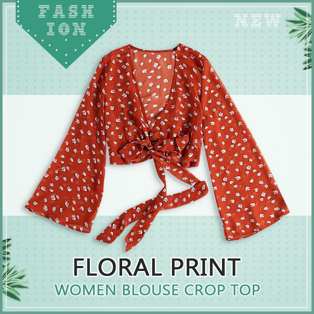 Floral Print Women Wrap Blouse Bell Sleeve Crop Top Shirt