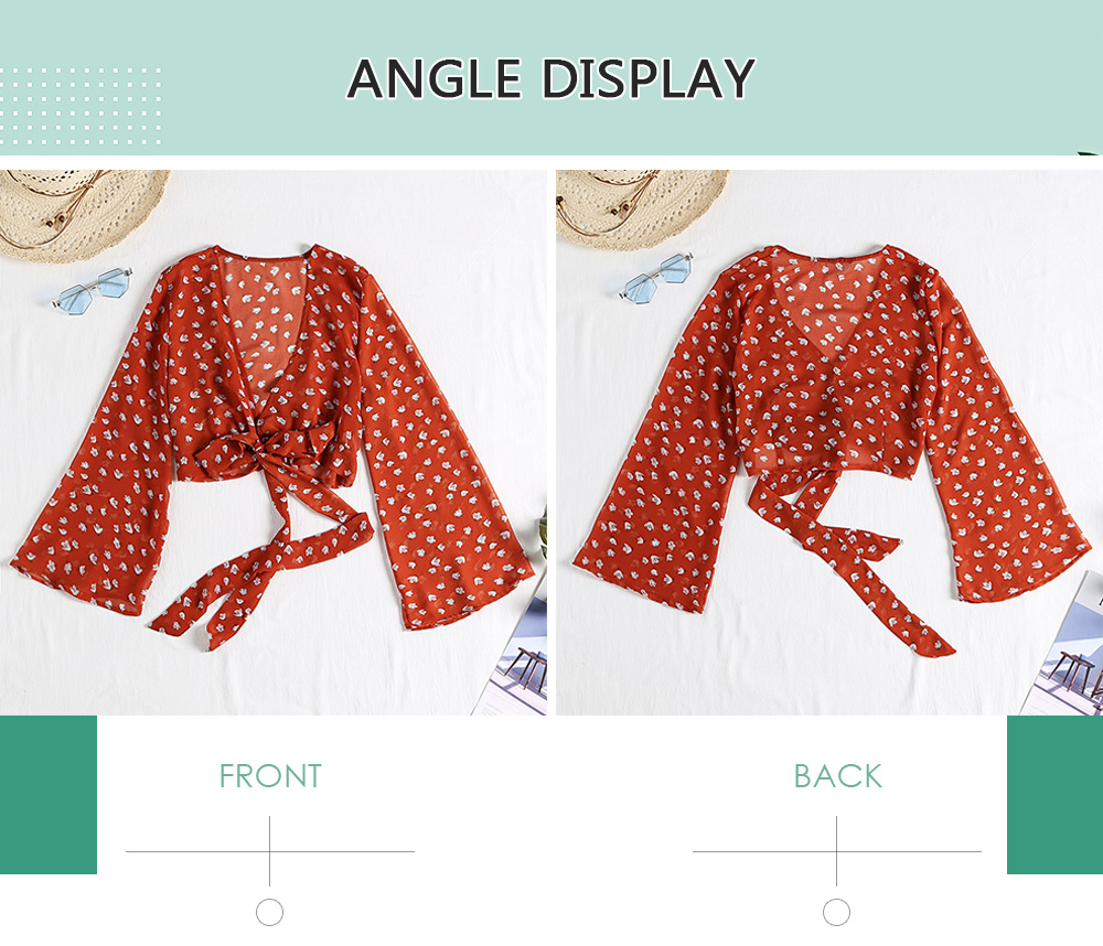 Floral Print Women Wrap Blouse Bell Sleeve Crop Top Shirt