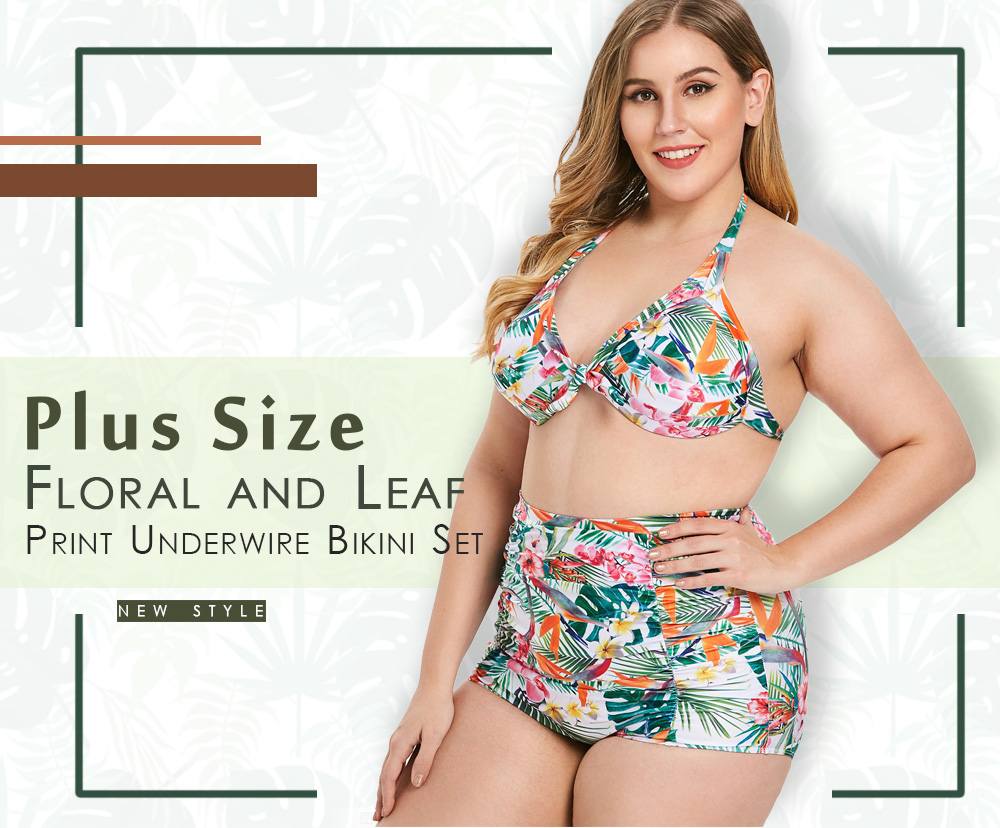 Plus Size Floral and Leaf Print Underwire Bikini Set