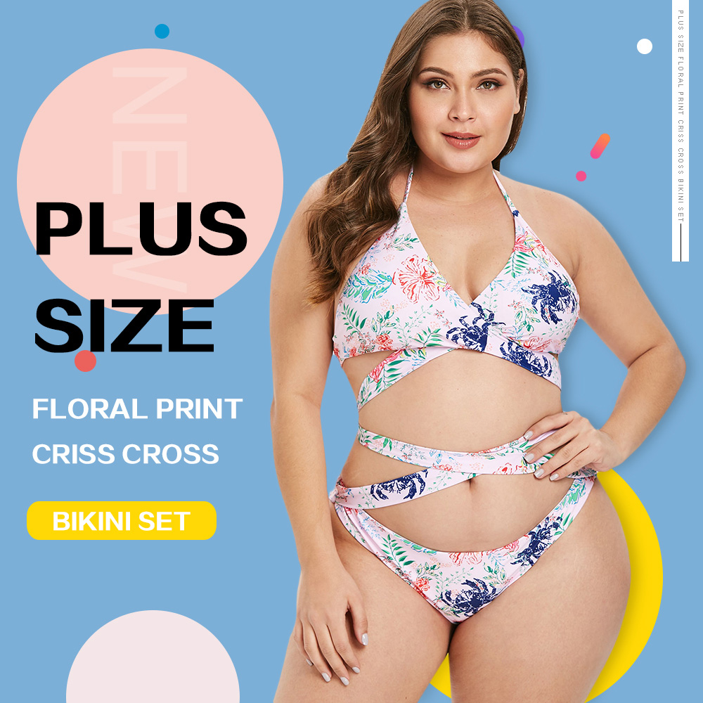 Floral Print Plus Size Criss Cross Bikini Set