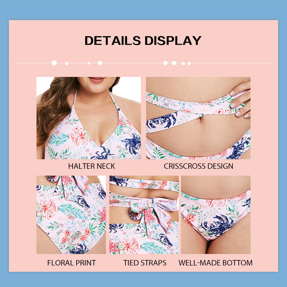 Floral Print Plus Size Criss Cross Bikini Set