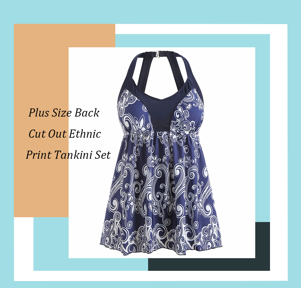 Back Cut Out Plus Size Ethnic Print Tankini Set