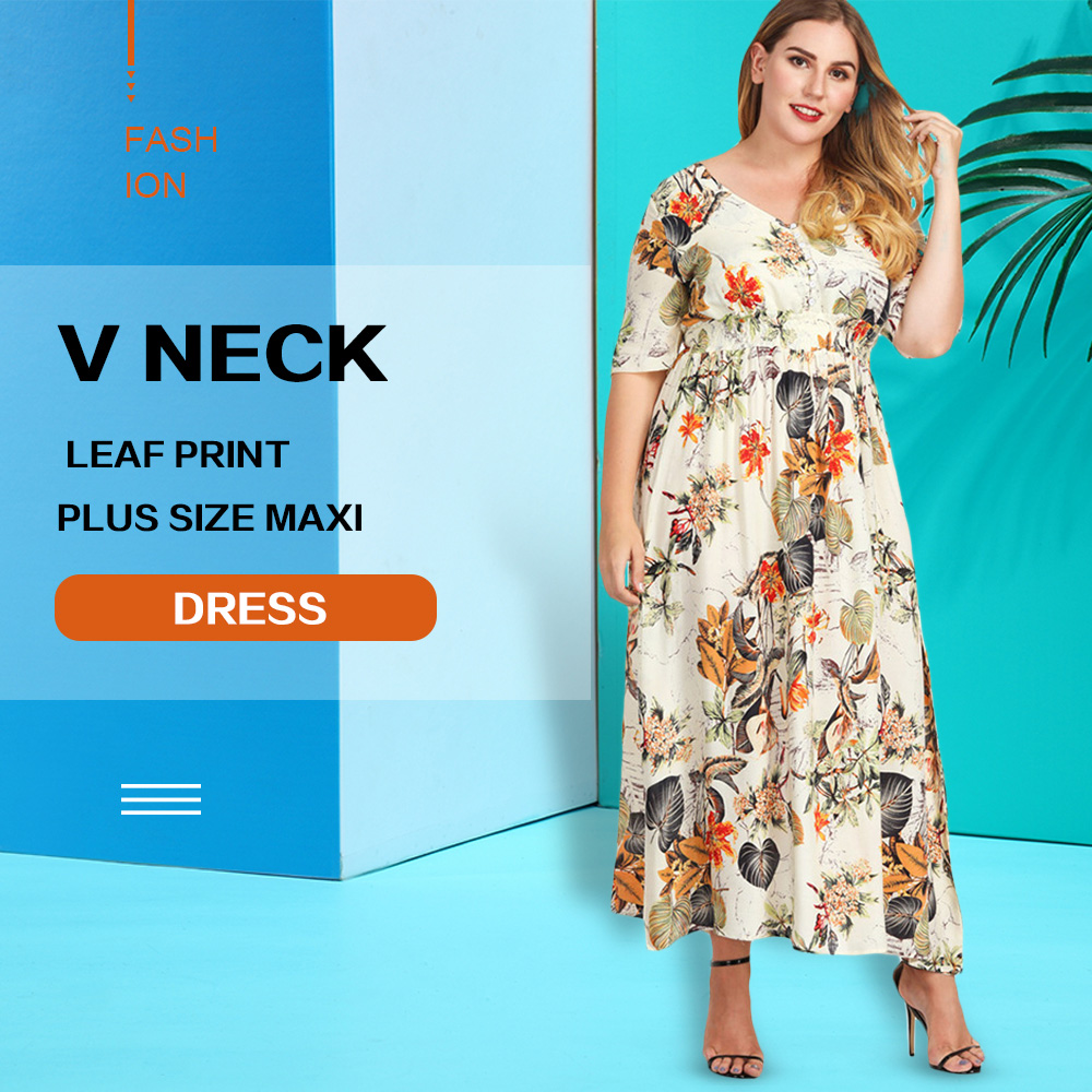 Plus Size V Neck Leaf Print Maxi Dress