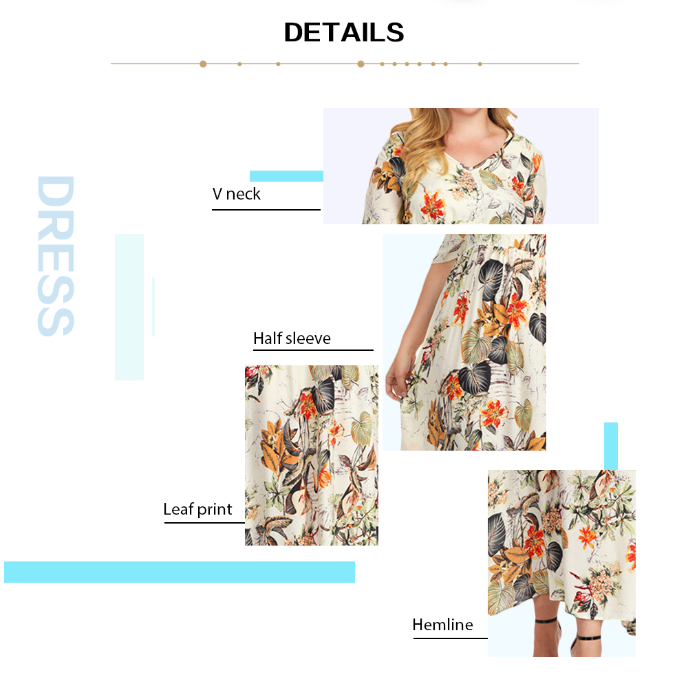 Plus Size V Neck Leaf Print Maxi Dress