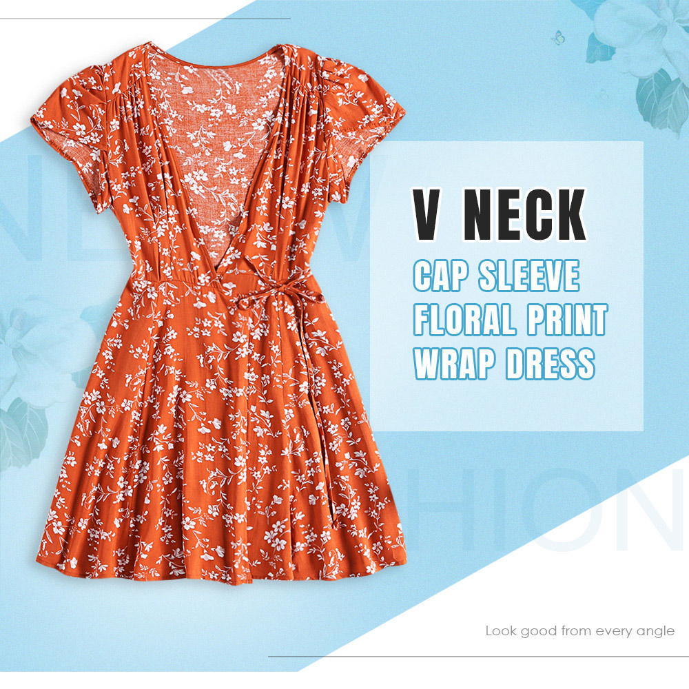 V Neck Cap Sleeve Floral Print A-line Cotton Tied Strap Women Wrap Dress