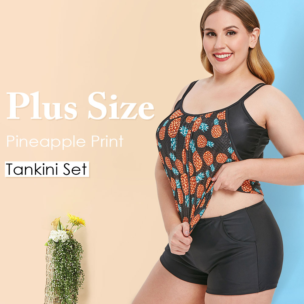 Pineapple Print Padded Plus Size Tankini Set