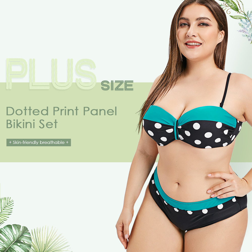 Plus Size Polka Dot Print Panel Bikini Set