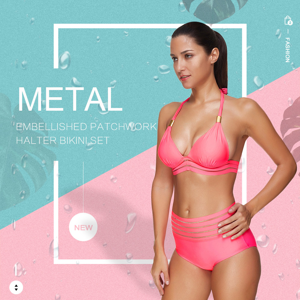 Metal Embellished Patchwork Halter Bikini Set