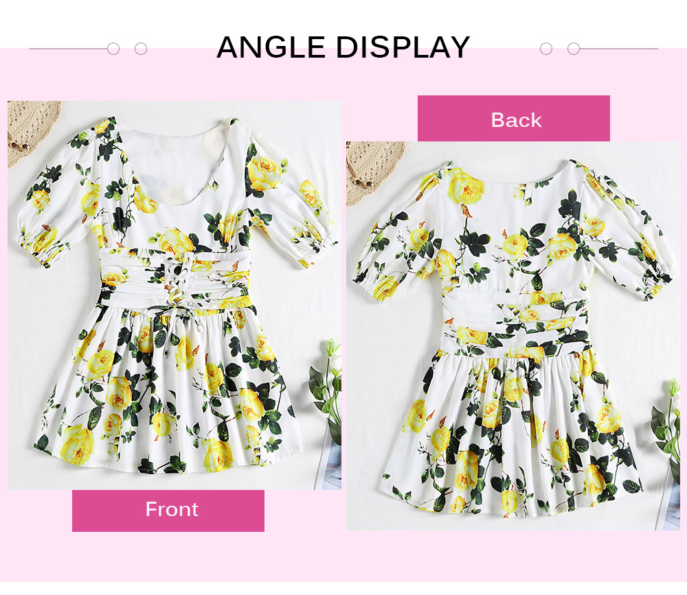 Scoop Neck Short Sleeve Floral Print Lacing-up Belted Women Vintage Dress