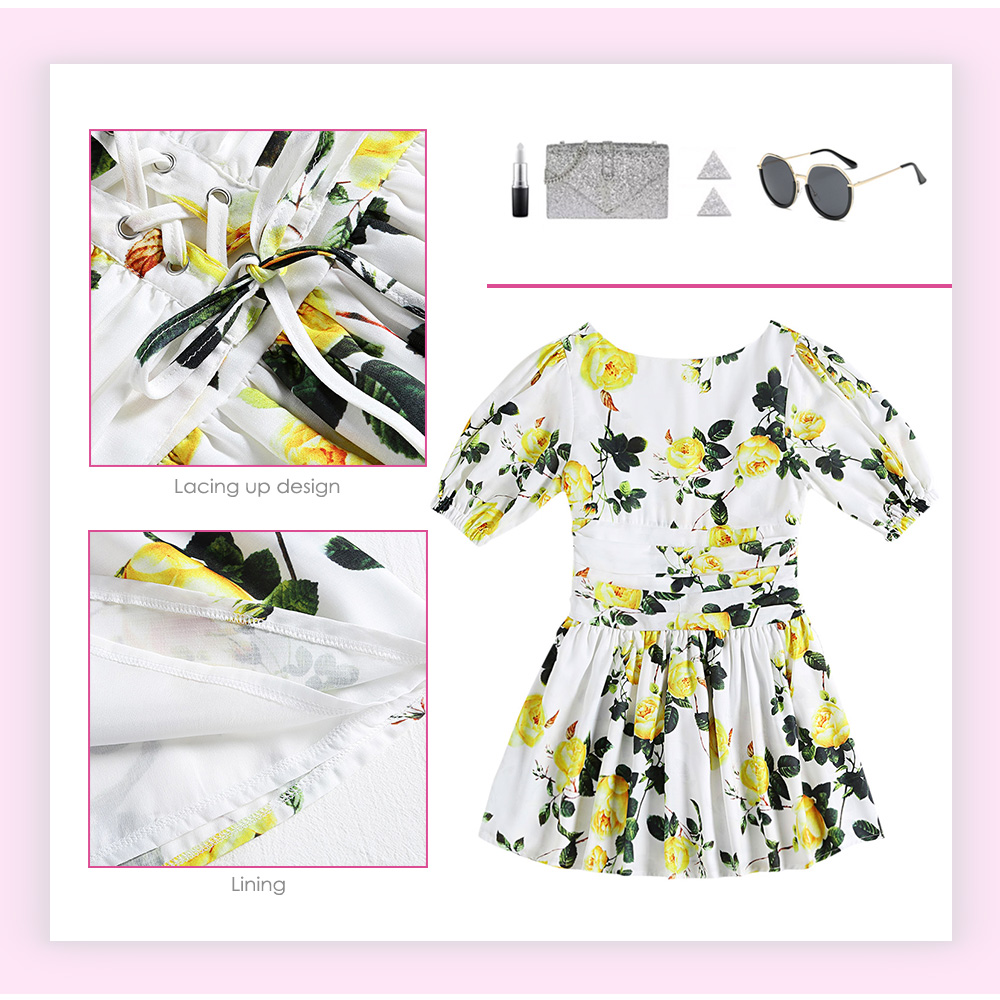 Scoop Neck Short Sleeve Floral Print Lacing-up Belted Women Vintage Dress