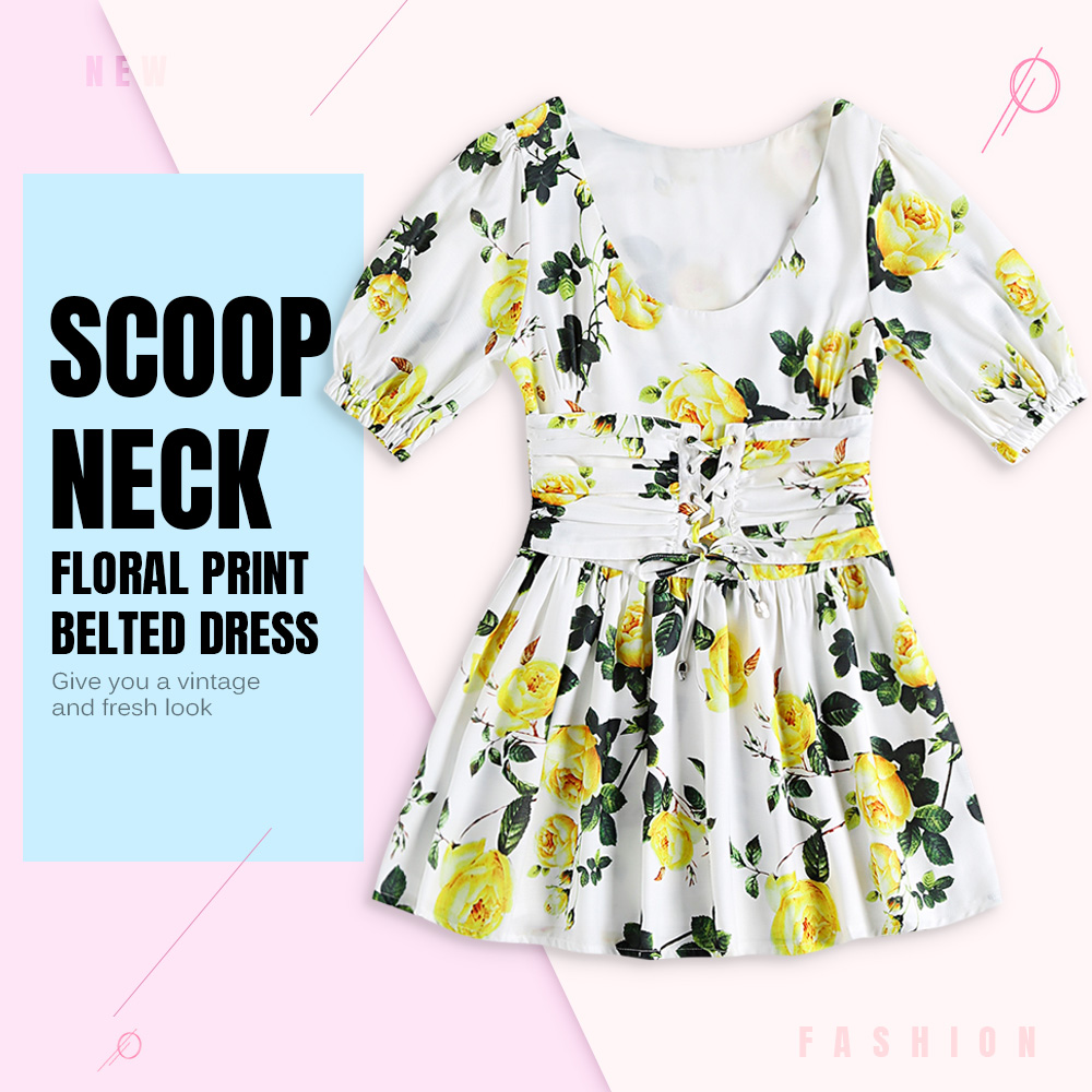 Scoop Neck Short Sleeve Floral Print Lacing-up Belted Women Vintage Dress