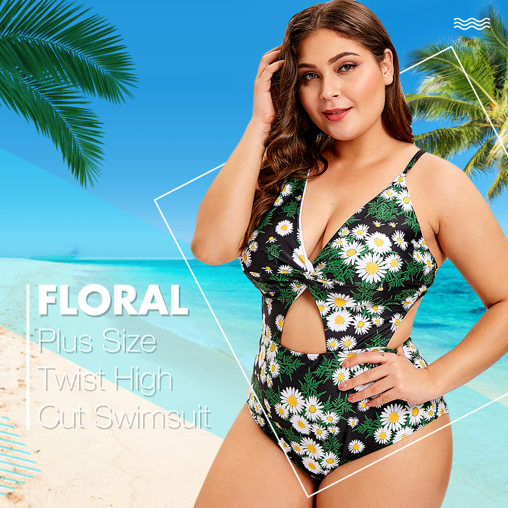 Plus Size Floral Cut Out One Piece Swimsuit