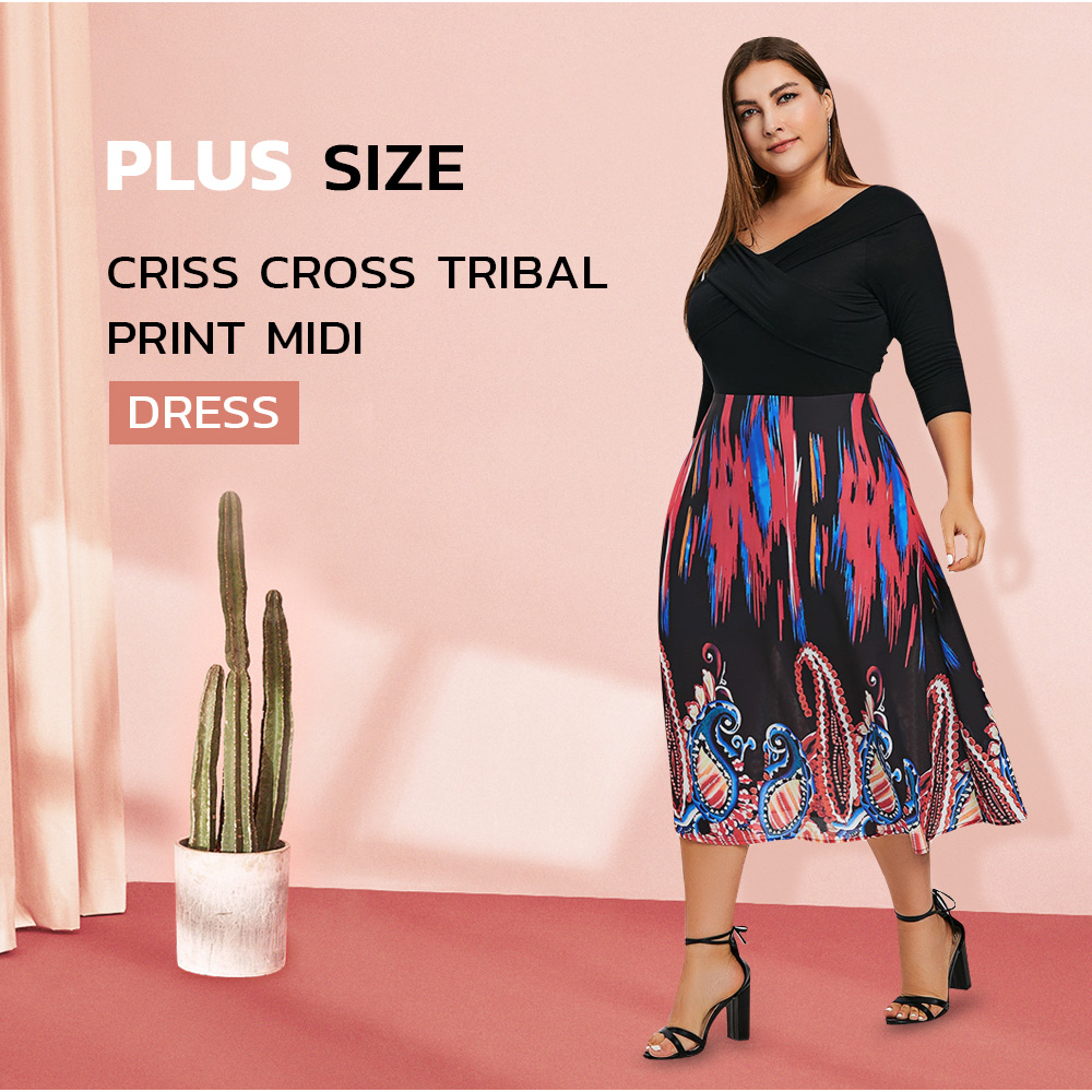 Plus Size Criss Cross Tribal Print Midi Flare Dress